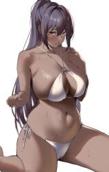 1girls 2022 armpit_crease bangs bikini black_hair blue_archive blush breasts bursting_breasts cameltoe dark-skinned_female dark_skin eyebrows_visible_through_hair female female female_focus female_only hair_between_eyes hair_intakes hand_on_own_chest highres huge_breasts ichinose_(ichinose1592) karin_(blue_archive) long_hair looking_at_viewer navel o-ring o-ring_bikini o-ring_top open_mouth ponytail shiny shiny_hair shiny_skin side-tie_bikini simple_background sitting skindentation solo solo_female stomach sweat swimsuit wariza wet white_background white_bikini yellow_eyes