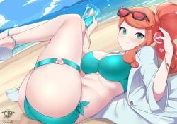 1girls 2022 absurd_res alternate_breast_size artist_logo artist_signature ass beach bikini breasts female female_only glasses glasses_on_head hi_res hips kaos_art labcoat large_ass large_breasts long_hair nintendo orange_hair outdoors pokemon pokemon_professor pokemon_ss side_ponytail slim_waist solo sonia_(pokemon) teal_eyes thick_thighs thigh_strap thighs wide_hips