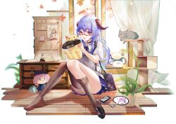 absurdres autumn_leaves bag bangs black_legwear blue_hair blush book cellphone curtains drawer feline female ganyu_(genshin_impact) genshin_impact guoba_(genshin_impact) highres horns keqing_(genshin_impact) knees_up loafers long_hair looking_at_another open_mouth phone plant potted_plant purple_eyes qiqi_(genshin_impact) school_uniform shoes single_shoe sitting thighhighs thighs window xiao_(genshin_impact) xiongshouji