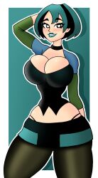 black_eyes blush goth goth_girl gothic green_hair green_lipstick gwen_(tdi) hands_behind_head heart-shaped_pupils hourglass_figure huge_breasts hungy looking_at_viewer short_hair skirt smile thighs tights total_drama_island two_tone_hair