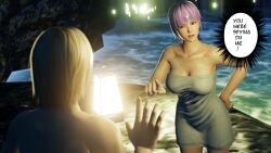 1boy 1girls 3d ass ayane_(doa) big_breasts dead_or_alive eliot_(doa) exa night outside pool poolside purple_hair red_eyes towel