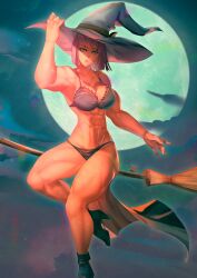 1girls bakki bra broom broom_riding muscular muscular_female muscular_thighs short_hair tagme underwear witch witch_hat