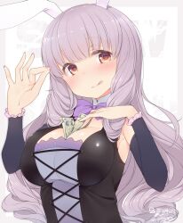 big_breasts breasts long_sleeves money_between_breasts money_under_clothes no_bra purple_hair rabbit rabbit_ears show_by_rock!!