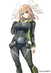 big_breasts black_jacket blue_eyes breasts brown_hair cleavage eunie_(xenoblade) high_entia large_breasts nintendo skintight thick_thighs thighs wide_hips wings xenoblade_(series) xenoblade_chronicles_3 yuuuun0218