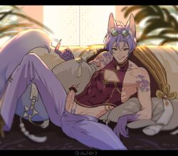 1boy animal_humanoid beckoning bishonen clothing erection fox_boy fox_ears gay genitals glasses_on_head kitsune kuya_(nu:_carnival) licking_lips male male_only nu:_carnival penis penis_out purple_hair reclining skin_tight solo solo_focus sunglasses sunglasses_on_head tail ulso17