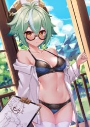 amber_eyes blush bra dog_ears fair_skin genshin_impact glasses green_hair lingerie panties ponytail spectacles sucrose_(genshin_impact) sweetcheese yellow_eyes