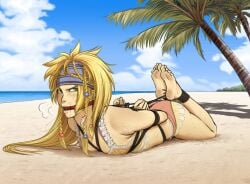 beach blonde_hair bondage drooling feet final_fantasy final_fantasy_x foot_focus gag gagged hogtie kidetic kusujinn rikku soles sweat toes