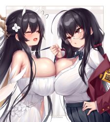 2girls absurd_res alternate_version_available artist_name azur_lane black_hair breast_press dsjglass fake_horns flower glasses highres indomitable_(azur_lane) large_breasts light-skinned_female light_skin red_eyes royal_navy_(azur_lane) sakura_empire_(azur_lane) tagme taihou_(azur_lane) taihou_(sweet_time_after_school)_(azur_lane) tied_hair