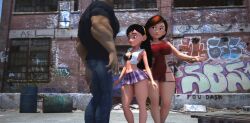 1boy 2girls 3d almeidap artist_request disney dress female helen_parr looking_up male mature_female milf mother mother_and_daughter multiple_girls muscular_male pixar smooth_skin the_incredibles thick_thighs violet_parr