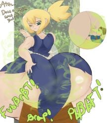 1boy 1girls anus ass asshole big_ass big_butt blonde_hair chrome_(dr.stone) dr.stone entrapment fart fart_cloud fart_fetish farting farting_in_face female giantess grabbing_own_ass green_eyes huge_ass kohaku_(dr.stone) looking_back male melissaalli one_eye_closed ponytail rear_view sitting sitting_on_person smaller_male smile text thick_thighs trapped_in_butt trapped_in_clothing trapped_in_underwear white_background