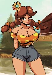 1girls alternate_breast_size alternate_hairstyle bare_shoulder barn breast_freckles brown_hair chest_freckles clavicle cleavage crown denim_shorts farm female female_only freckles front_view hair half-closed_eyes huge_breasts iggy-bomb jean_shorts long_hair looking_at_viewer mario_(series) nintendo off_shoulder outdoors outside princess princess_daisy seductive_smile short_hair shorts shoulder_freckles smile solo tan_skin thick_thighs twin_braids