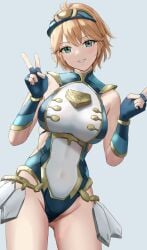 amayo_thranana big_breasts blonde_female blonde_hair blush breasts cleavage cyborg fiora_(xenoblade) green_eyes highres large_breasts leotard nintendo peace_sign robot_girl smile swimsuit thick_thighs thighs thrananaart v xenoblade_(series) xenoblade_chronicles