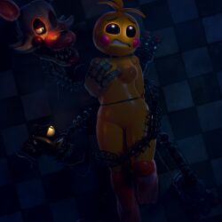 <3_eyes absurd_res anthro ashleyorange avian bird breast_grab breasts chicken duo eyeshadow feathers female five_nights_at_freddy's five_nights_at_freddy's_2 fur galliform gallus_(genus) hand_on_breast heart hi_res humanoid lipstick machine makeup mangle_(fnaf) on_model orange_feet orange_legs phasianid robot robot_humanoid scottgames toy_chica_(ashleyorange) toy_chica_(fnaf) video_games white_body white_fur wrapped yellow_body yellow_eyes yellow_feathers