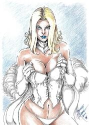 big_breasts blonde_hair blue_eyes corset dennys_sobral emma_frost hellfire_club lingerie marvel marvel_comics panties smirk smirking_at_viewer tramastudio white_queen x-men