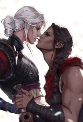 2girls alexineskiba assassin's_creed_(series) assassin's_creed_odyssey cd_projekt_red ciri clothing crossover dark-skinned_female female holding_hands imminent_kiss imminent_sex kassandra kissing midriff muscular_female the_witcher_(series) the_witcher_3:_wild_hunt ubisoft wholesome yuri