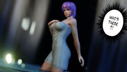 1girls 3d ass ayane_(doa) big_breasts dead_or_alive female female_only night nightfall outside pool poolside purple_hair red_eyes solo towel