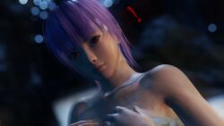 1girls 3d ayane_(doa) dead_or_alive female female_only night nightfall outside pool poolside purple_hair red_eyes solo towel