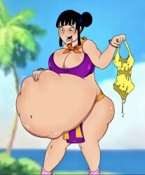 big_belly big_breasts chichi clothing dragon_ball female_pred female_prey large_breasts maron one-piece_swimsuit post_vore spicypaw swimsuit vore what