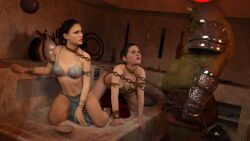 2girls 3d alexbridger belly_dancer belly_dancer_outfit brown_eyes brown_hair buttplug enslaved_royal gamorrean harem harem_girl harem_outfit headdress loincloth paddle padme_amidala princess_leia_organa sex_toy sex_toy_collection slave slave_bikini slave_collar slave_leia slave_outfit slavegirl star_wars tagme time_travel water_bowl wig