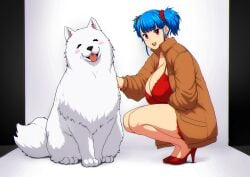 1girls animal blue_hair blush blushing_at_viewer breasts brown_coat bursting_breasts canine cleavage coat dog_ears dog_tail dress earrings enormous_breasts errorkazoo eyebrows_visible_through_hair eyes_closed furry_dog hair_ornament hair_scrunchie hi_res high_heeled_shoes high_heels high_resolution highres huge_breasts jewelry long_sleeves looking_at_viewer massive_breasts open_mouth original original_character red_dress red_earrings red_eyes red_footwear red_high_heels red_scrunchie rina_atherina rina_atherina_(errorkazoo) scrunchie shadow single_female single_girl smile solo solo_female squatting tongue tongue_out twintails voluptuous white_dog