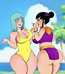 arguing big_ass big_breasts big_butt chichi clothing dragon_ball large_breasts maron one-piece_swimsuit pre_vore spicypaw swimsuit vore