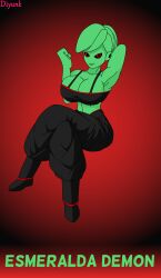 1girls big_breasts breasts clothed clothing diyunk dragon_ball dragon_ball_super dragon_ball_xenoverse dragon_ball_z edit esmeralda_demon female female_majin female_only green_skin hand_behind_head looking_at_viewer majin monster_girl navel oc original_character pants pinup red_eyes solo solo_female