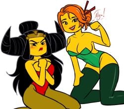 2d 2girls big_breasts black_hair breasts crossover dirty_platypi female female_focus female_only highres koko_(ninjago) lego lego_monkie_kid lipstick long_hair looking_at_viewer milf monkie_kid multiple_girls ninjago on_knees orange_hair pout princess_iron_fan red_hair red_lipstick redhead short_hair speech_bubble stockings tagme text the_lego_ninjago_movie thighs yellow_skin