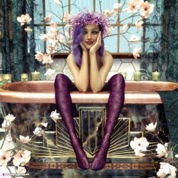 1girls 2022 3d bathtub clothed clothing cr1sp dyed_hair female female_only flower_in_hair front_view kresta_(cr1sp) leggings looking_at_viewer pattern_clothing pattern_legwear purple_hair slushe_(website) smile solo solo_female