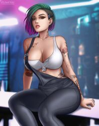 1girls artist_logo big_breasts breasts brown_eyes cyberpunk_2077 detailed_background female female_only flowerxl green_and_purple_hair grey_pantyhose hands_on_desk huge_breasts human judy_alvarez orange_lipstick pale-skinned_female side_shave sitting_on_desk solo tattoo thighs two_tone_hair video_game_character white_topwear wide_hips widescreen