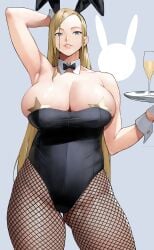 1girls adjusting_hair animal_ears arm_behind_head arm_up armpits ass ass_visible_through_thighs bangs bare_shoulders black_leotard blonde_female blonde_hair blue_eyes bow bowtie breasts bunny_ears bunnysuit bursting_breasts champagne champagne_glass cleavage collarbone covered_nipples cup curvaceous detached_collar drinking_glass enormous_breasts fake_animal_ears female female_focus fishnet_legwear fishnets hand_behind_head hi_res highleg highleg_leotard highres holding holding_tray huge_breasts leotard long_hair looking_at_viewer original parted_bangs pasties playboy_bunny playboy_bunny_leotard rabbit_ears single_female single_girl smile solo star_pasties thighs tray underbust voluptuous wrist_cuffs yellow_pasties yoshi55level yoshio_(55level)