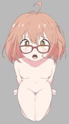 1girls female glasses gray_background grey_background kuriyama_mirai kyoukai_no_kanata looking_at_viewer monke_brush nude nude_female on_knees open_mouth pink_hair pussy simple_background small_breasts solid_color_background solo solo_female tongue tongue_out yellow_eyes