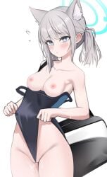 absurdres abydos_high_school_student animal_ear_fluff animal_ears bag blue_archive blush breasts female foreclosure_task_force_(blue_archive) grey_hair halo heterochromatic_pupils highres holding holding_bag medium_breasts nipples one-piece_swimsuit otakummm ponytail pussy_juice shiroko_(blue_archive) shiroko_(swimsuit)_(blue_archive) simple_background solo swimsuit white_background white_pupil