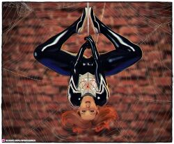 1girls 2021 3d bodysuit cute fanart female female_only green_eyes hanging large_breasts latex latex_suit looking_at_viewer marvel orange_hair race_swap red_hair silk_(marvel) slushe_(website) solo solo_female spiderweb spikegames superhero superheroine upside-down