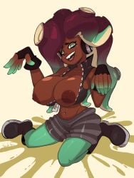 1girls areolae big_breasts black_body black_nipples clothing dark-skinned_female female female_focus female_only gewd-boi green_eyes marina_(splatoon) monster_girl nipples octoling smile solo_female splatoon video_games