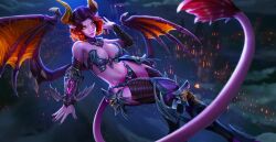 1girls alternate_costume big_breasts bikini bracer cleavage demon demon_girl demon_horns demon_wings detailed_background floating flying glowing_eyes hi-rez_studios horns huge_breasts large_breasts looking_at_viewer monster_girl official_art paladins pink_skin purple_skin seductive shoulders skimpy skimpy_clothes skye_(paladins) stomach_tattoo succubus tail tattoo temptress_skye thick_thighs thighhighs video_games wide_hips wings yellow_eyes