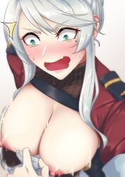 areolae azur_lane beauty_mark blush breasts female konigsberg_(azur_lane) light_skin mole mole_under_eye nagi_lria nagi_ria nipples open_mouth shocked_expression white_hair