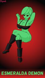 1girls big_breasts breasts clothed clothing diyunk dragon_ball dragon_ball_super dragon_ball_xenoverse dragon_ball_z edit esmeralda_demon female female_majin female_only green_skin hand_behind_head looking_at_viewer majin monster_girl navel oc original_character pinup red_eyes solo solo_female