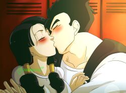 1boy 1girls big_breasts black_hair blush_lines blushing couple dragon_ball dragon_ball_z female holding_hands human hybrid kissing lovelykotorii male male_saiyan saiyan son_gohan twintails videl