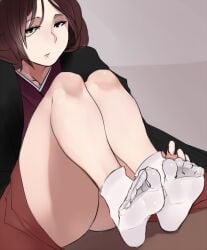 bare_legs brown_hair emma_(sekiro) female female_only foot_fetish foot_focus fromsoftware japanese_clothes looking_at_viewer scas sekiro:_shadows_die_twice sitting socks soles solo tabi thick_thighs toes white_socks