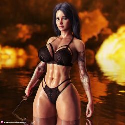 1girls 2021 3d abs arm_tattoo black_hair depth_of_field female female_only holding_object holding_sword holding_weapon lingerie long_hair looking_at_viewer original original_character slushe_(website) solo solo_female spikegames standing standing_in_water sword tattoo