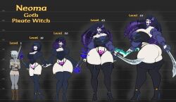 1girls 2022 ass ass_expansion big_breasts breasts choker cleavage drill_hair eyeshadow female female_only goth gothification gothified growth height_chart height_growth high_heels huge_ass level_number light-skinned_female light_skin lipstick long_hair looking_at_viewer lurkergg makeup nail_polish neoma_(lurkergg) pale-skinned_female pale_skin pubic_tattoo purple_hair sequence solo staff sword text thick_thighs thigh_expansion thin_waist transformation voluptuous weapon wide_hips witch