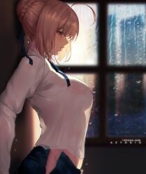 1girls artoria_pendragon azto_dio blonde_hair blue_eyes blush busty fate/grand_order fate_(series) french_braid hair_ribbon no_bra_under_clothes no_panties_under_skirt patreon_username rain_on_window see-through_clothing skirt_unzipped translucent_clothing wet_dress_shirt