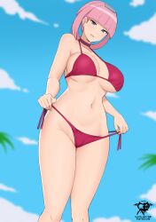 1girls bare_arms bare_legs bare_midriff bare_shoulders bare_thighs belly_button bikini bikini_bottom bikini_bottom_pull bikini_pull bikini_top blush blush_lines blushing_at_viewer chocker cleavage collar earrings hairclip inner_sideboob kaos_art looking_at_viewer midriff mollie_(pokemon) navel nintendo nurse open_mouth overboob pink_hair pokemon pokemon_(anime) pokemon_horizons purple_eyes red_bikini red_bikini_bottom red_bikini_top red_choker red_collar short_hair sideboob silver_earrings sliver_hair thick_thighs tied_hair underboob