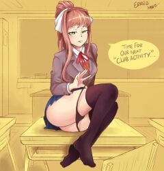 1girls artist_name artist_signature black_panties desk doki_doki_literature_club ernst_d female female_only green_eyes long_hair looking_at_viewer monika_(doki_doki_literature_club) only_female panties ponytail pulling_panties skirt solo speech_bubble thighhighs yellow_background