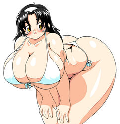 ass bb bent_over big_ass bikini black_hair blush breasts curvy hairband huge_ass huge_breasts large_breasts maruke soft swimsuit thick_thighs thighs yellow_eyes