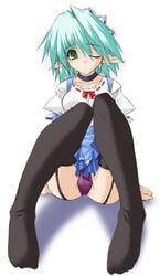 blue_hair female garter_belt green_eyes maid panties pantyshot pantyshot_(sitting) pantyshot_sitting purple_panties sitting thighhighs underwear upskirt