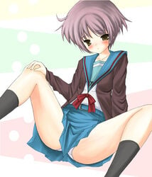 arm_support black_legwear black_socks blush bowtie brown_eyes cardigan female female_only footwear human knee_socks kneehighs kneesocks legs_up lying miniskirt nagato_yuki nishikiori_jin nishikiori_kami on_back panties pantyshot pantyshot_(lying) pantyshot_(sitting) pantyshot_sitting school_uniform seifuku serafuku short_hair silver_hair sitting skirt socks solo spread_legs suzumiya_haruhi_no_yuuutsu underwear white_panties