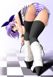 ass ayane_(doa) bent_over black_legwear black_thighhighs blue_hair blue_panties boots brown_eyes cameltoe crop_top dead_or_alive female female_only hair_ribbon headband highres human knee_pit kneepits miniskirt onoe panties pantyshot pantyshot_(standing) purple_hair ribbon skirt solo standing striped striped_panties thighhighs thighs trefoil underwear watermark zettai_ryouiki