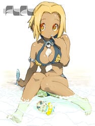 amarao bare_shoulders barefoot beach between_breasts bikini blonde_hair breasts chibi cute dark_skin flcl kitsurubami midriff military navel necktie necktie_between_breasts orange_eyes sand short_hair sitting swimsuit water wet white_background