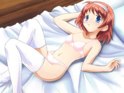 1girls akizuki_mayu alice_soft bed blue_eyes blush bow bow_panties bra dutch_angle female flat_chest from_above game_cg jpeg_artifacts lingerie lying mutsumi_masato on_back only_you_re-cross orange_hair panties pillow pink_bra pink_panties short_hair solo thighhighs underwear white_legwear